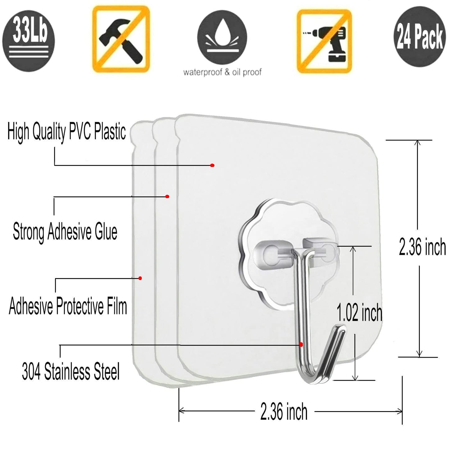 Jwxstore 24 Pack Adhesive Wall Hooks 33LB Heavy Duty No Drill Transparent Waterproof Hooks for Bathroom Kitchen Towel Coat Office Home Outdoor