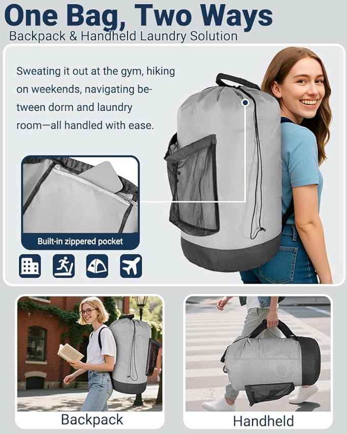 Laundry Bag with Shoulder Straps and Mesh Pocket Laundry Backpack Large