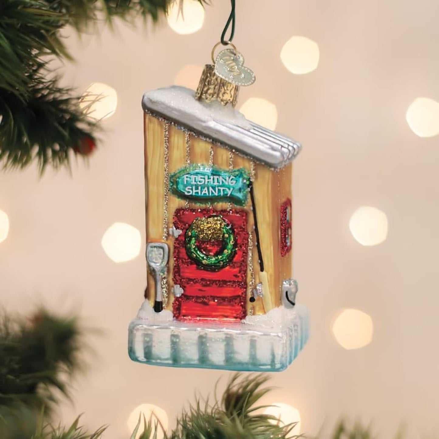 Old World Christmas Ice Fishing Shanty Glass Blown Ornament for Christmas Tree, Handcrafted Holiday Decoration, Sport Collection