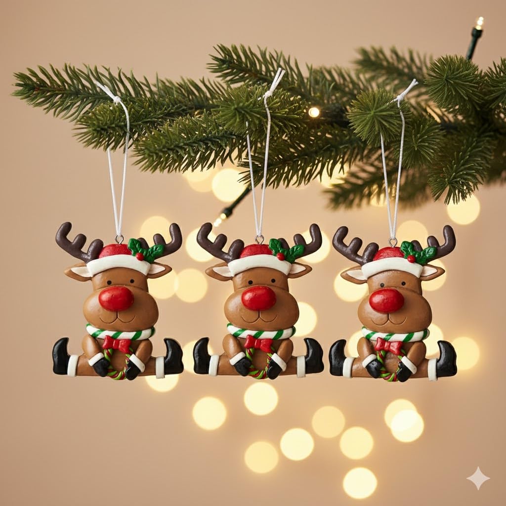 Set of 3 Cute Reindeer Hanging Christmas Tree Ornaments - Hand-Painted Resin Holiday Home Decor & Gift - Durable, Lightweight Xmas Decoration for Family, Friends, Teachers (Deer)