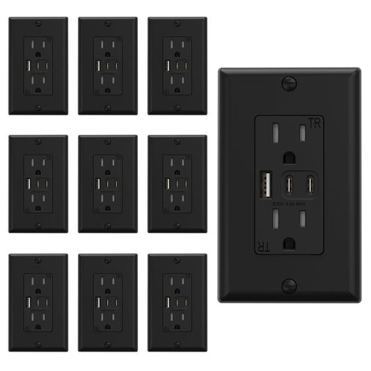 ELEGRP USB Outlets, 15 Amp Wall Outlet with 3 USB Ports, Dual USB C Ports Outlets, TR Tamper-Resistant USB Outlets Receptacles, Wall Plate Included, UL/CUL Listed, 10 Pack, Black
