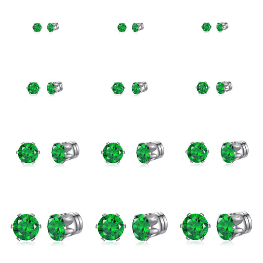 Spiritlele 12 Pairs Green Small Big Cubic Zirconia Magnetic Earrings Clip on Non Piercing Earrings Set Unisex 4MM-7MM