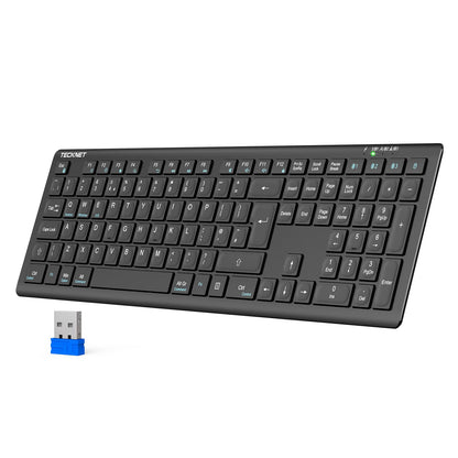 TECKNET Wireless Keyboard, Rechargeable 2.4GHz USB Bluetooth Keyboard for 4 Multi Devices, Ultra Slim Full Size UK Layout Keyboards for Computer, Laptop, Tablet, Desktop, Phone (Dark Black)