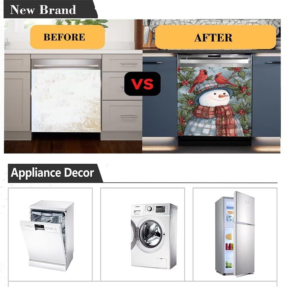 Snowman Dishwasher Magnet Cover - Holiday Kitchen Christmas Decorative, Cardinal Birds Magnetic Dishwasher Cover, Xmas Wreath Decal Dishwasher Magnetic Sticker, 23"x26"