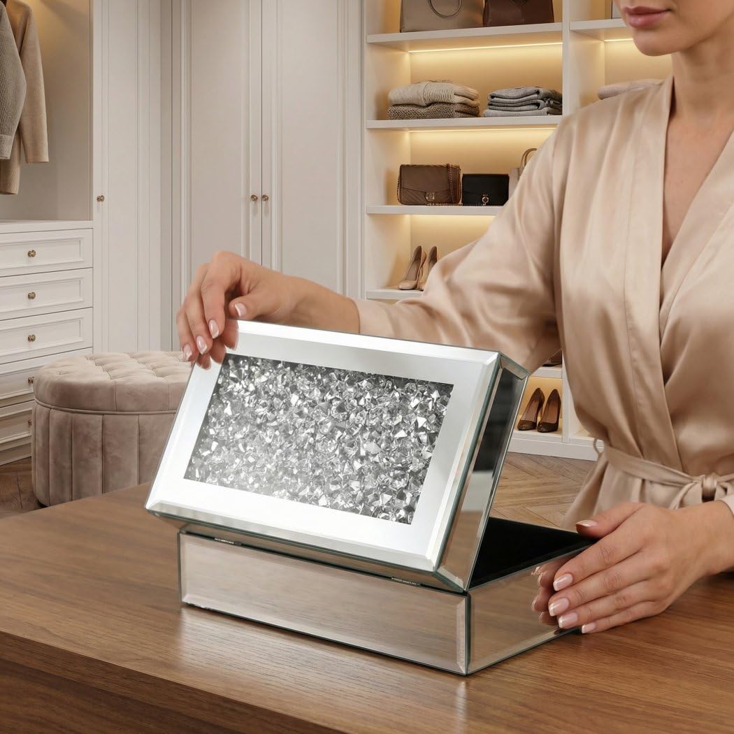 Luxury Silver Crushed Diamond Glass Mirrored Jewelry Organizer Box Storage