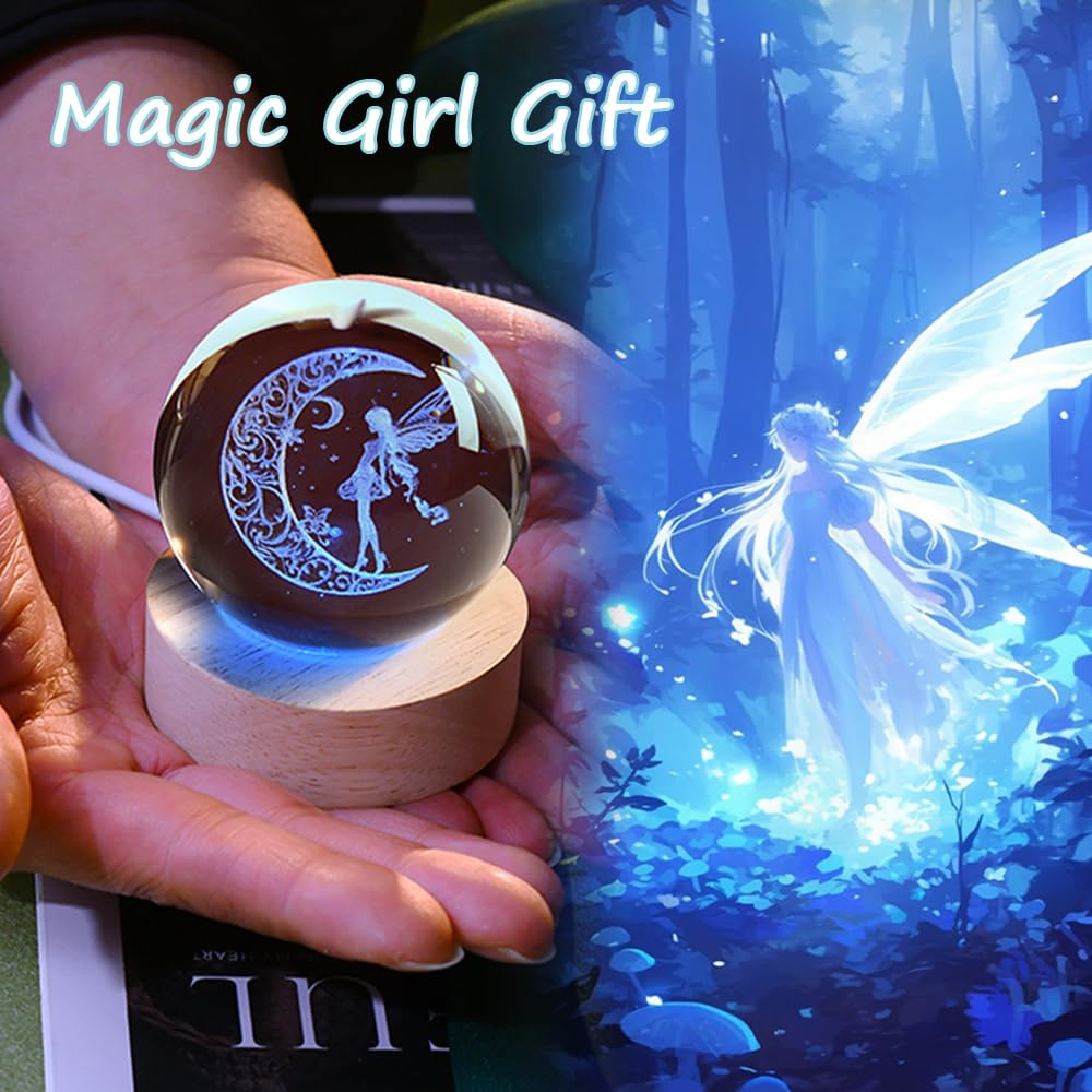 ZRENJHUS Moon Fairy Crystal Ball Decorative Ball 60mm Fairy Glass Sphere Decor 3D Dreamy Engraving Gifts for Girls Women Fairy Lovers Wedding Gift with Light Base