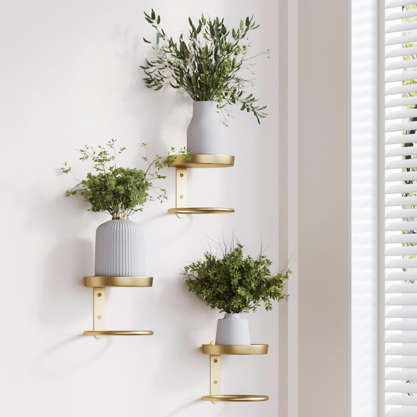 Rioneta Metal Wall Plant Holder for Indoor Plants, Modern Stylish Wall Decor, Space-Saving Vertical Shelf for Home, Garden & Office 3 Pack Gold