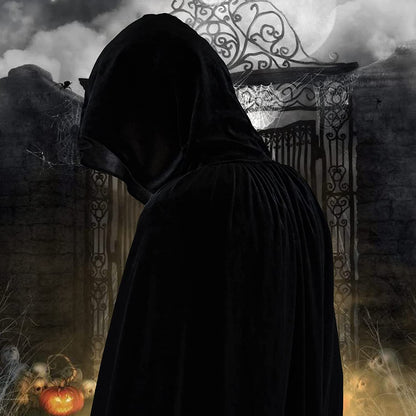 YIHELU Unisex Black Velvet Cape - Long Cloak for Adults & Kids, Halloween Witch Vampire Cosplay Masquerade Party (L, Black)