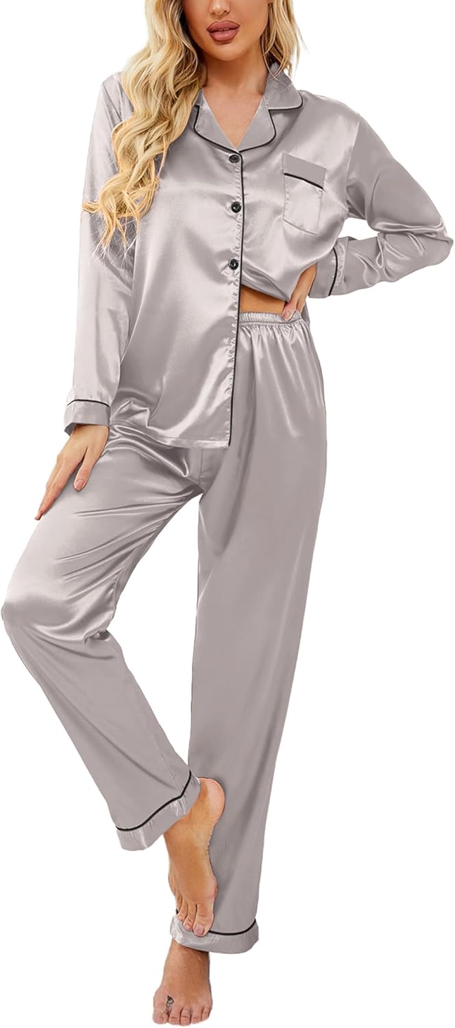 Ekouaer Women's Classic Button Down Long Satin Silk Pajama Set