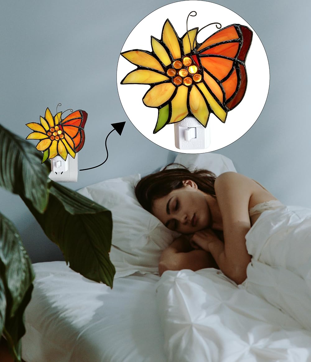 DUONAYU Stained Glass Butterfly Night Light.Butterfly Night Light Bedroom Bed Light Gifts from Nature,Nature Night Light.DYM1001 (Flower Butterfly)