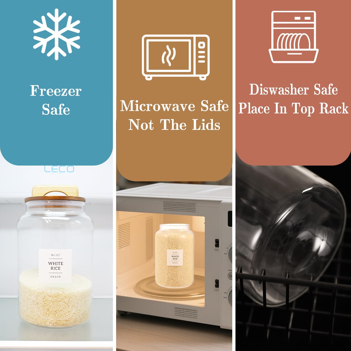 CZDYSM 2 Pack Large Glass Flour and Sugar Containers with 132 Pantry Labels - 1 Gallon Glass Canisters with Bamboo Airtight Lids - Farmhouse Glass Cookie Jars for Rice, Pasta, Cereal, Bath Salt