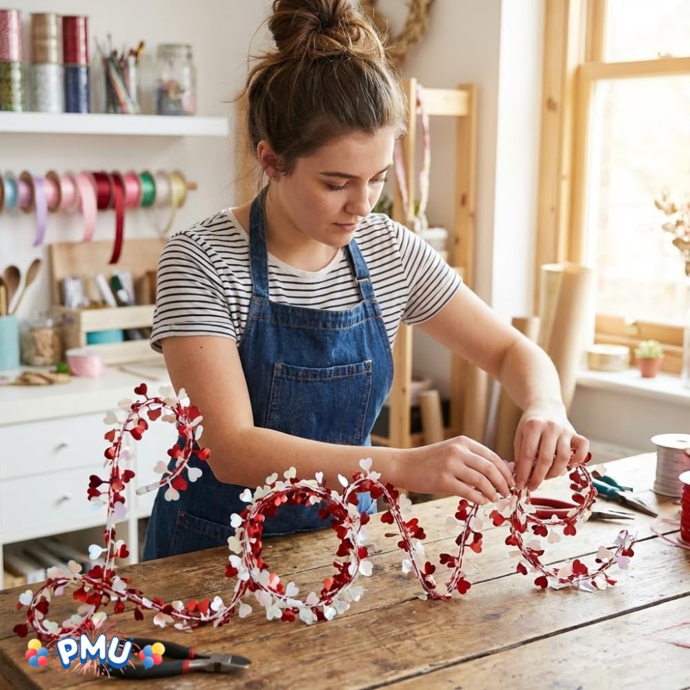 PMU 75ft Valentine's Day Themed Red and White Heart Wire Garland - Valentine's Day Theme Festive Home Decoration Ornament (3pc-25Ft Each)