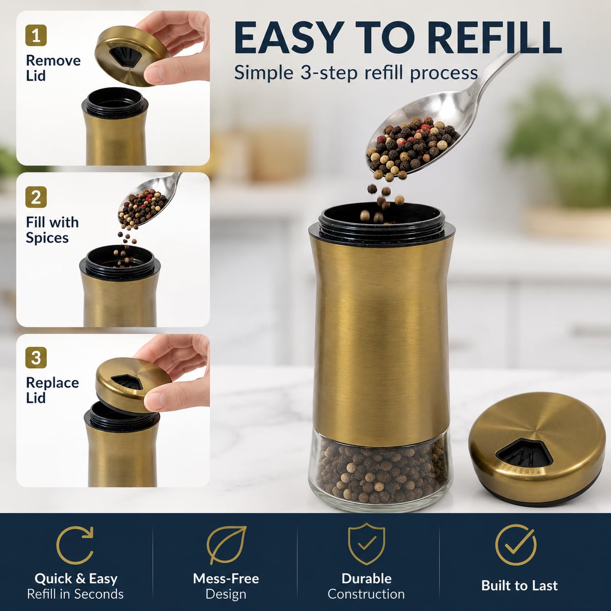 Elegant Gold Salt and Pepper Shaker Set Adjustable Pour Holes Stainless Steel and Glass Modern Design Adjustable Top Makes it the ideal Spice and Seasoning Dispenser Kitchen Sugar and Cinnamon Shakers