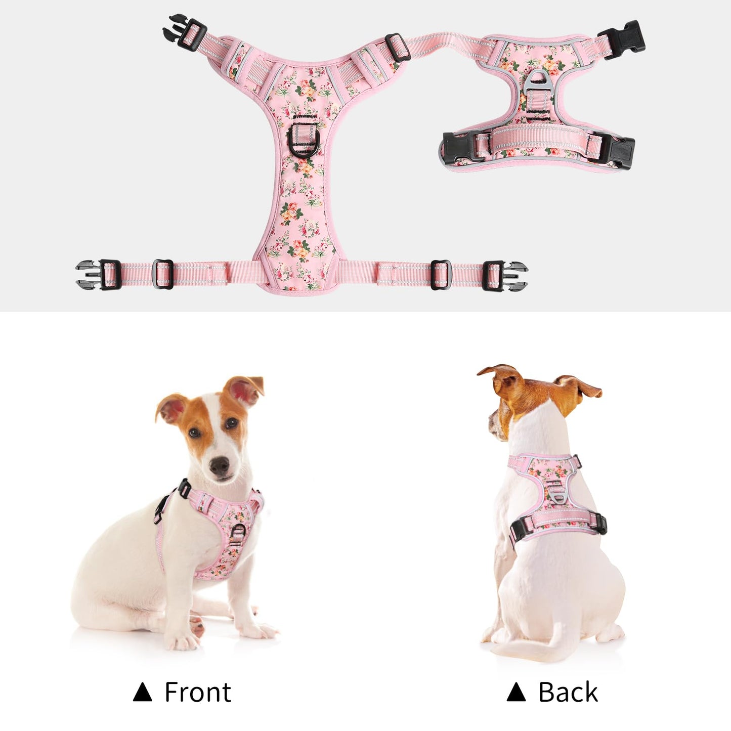 Timos No Pull Dog Harness,NO Need Go Over Dogs Head 3 Snap Buckles Reflective Oxford No Choke Harness with Front & Back 2 Metal Leash Clips Soft Padded for Small Medium Large Dogs Pink S