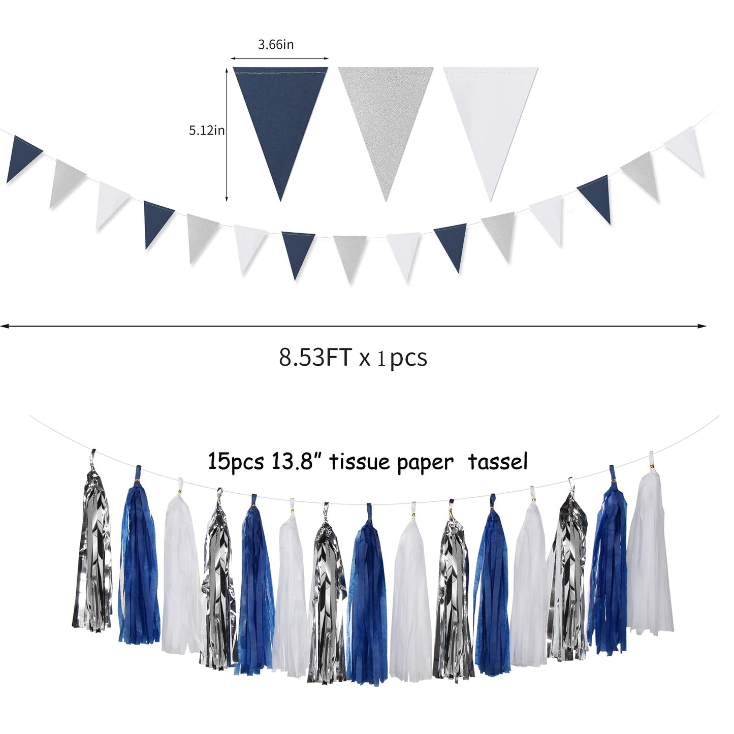 Navy Blue White Silver Party Decorations,23pcs Kit Graduation 2026 Tissue Paper Pom Poms Streamers,Tassel Garland Banner Flowers,Men Birthday Bachelorette Baby Shower Christmas Decor Lasting Surprise