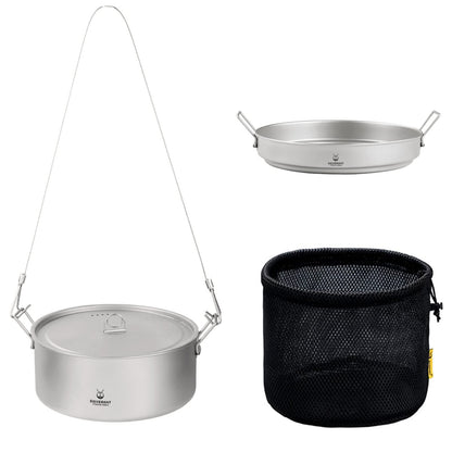 SILVERANT Ultralight Titanium Large 2-piece Pot & Pan Camping Cookware Set, Lightweight Titanium Camping Pot Mug with Hanger/Retractable Handles and Mesh Drawstring Bag