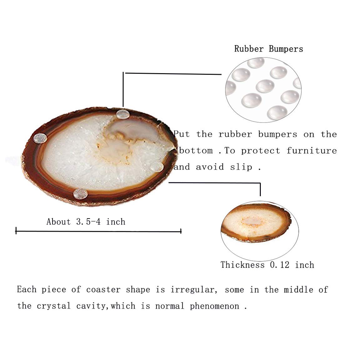 JIC Gem Natural Sliced Agate Coaster with Rubber Bumper Set of 4 (3.5-4", Natural)