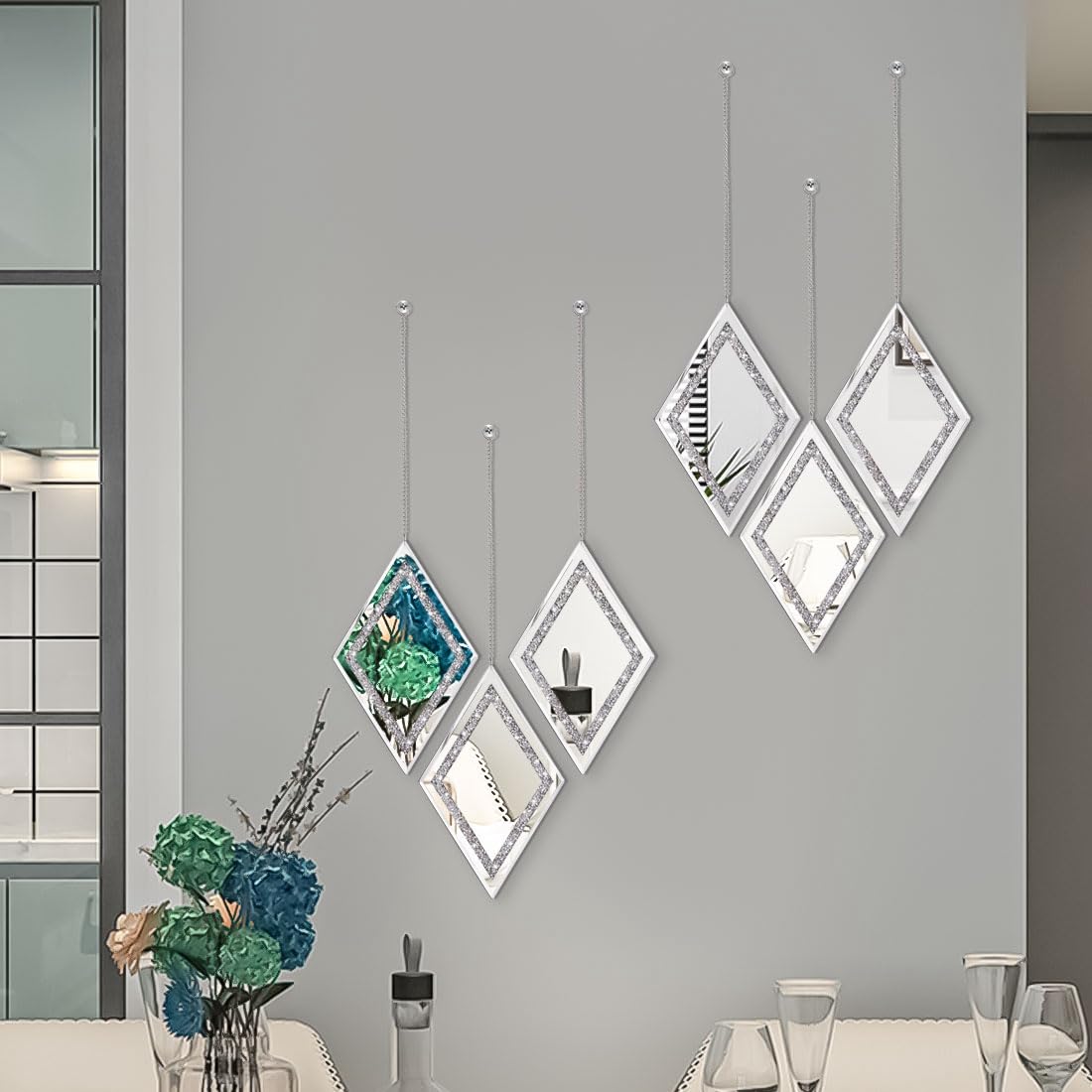 Pibeyer Silver Diamond Shaped Wall Mirror Set of 3, Decorative Crystal Crush Diamond Mirrors for Bedroom, Living Room & Hallway, Home Decor