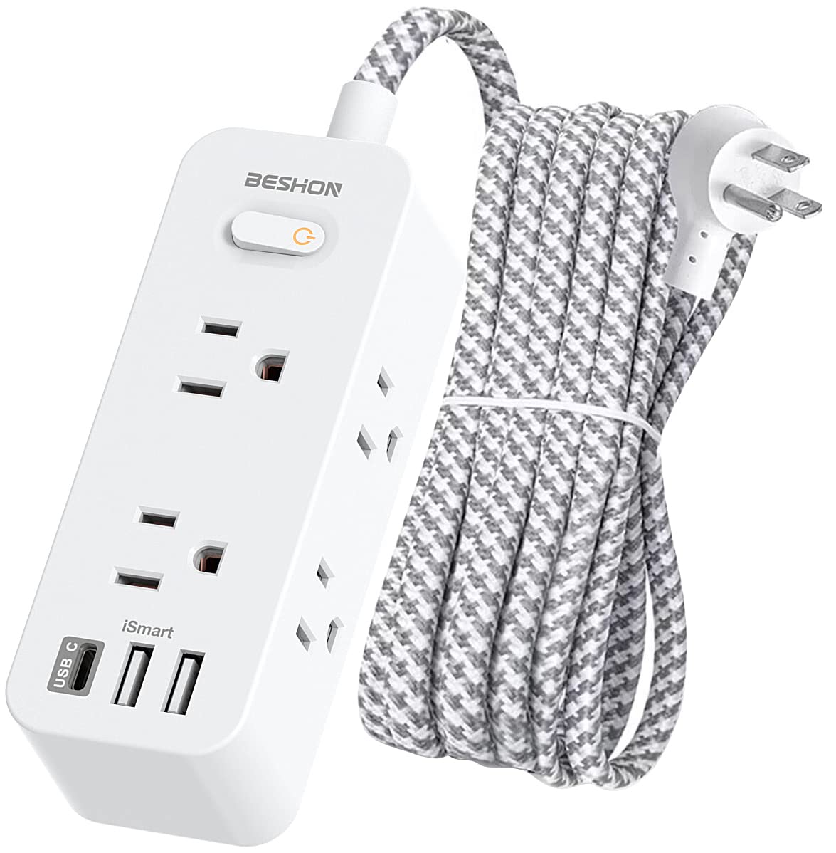 Power Strip Surge Protector, BESHON 5Ft Extension Cord, 6 Outlets with 4 USB Ports (2 USB C Outlet), 3-Side Outlet Extender, Wall Mount, Compact for Travel, Home, School, College Dorm Room and Office
