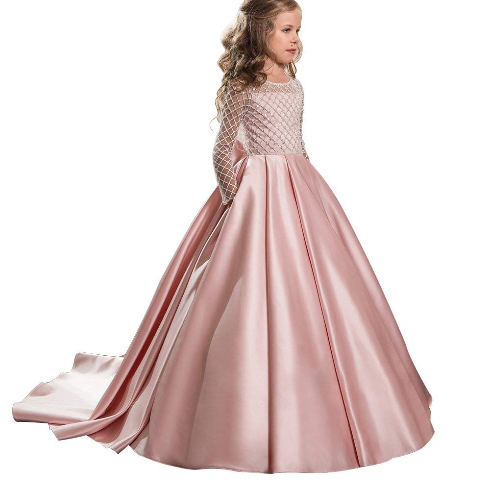 Christmas Flower Girl Dress Floor Length Button Draped Tulle Ball Gowns for Kids (12, Pink)