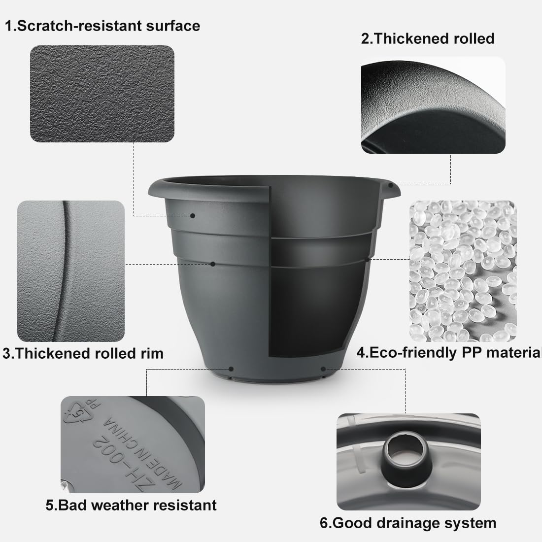 RooTrimmer 3 Pack Large 16 Inch Plastic Plant Pots for Outdoor Plants,Durable & Lightweight Flower Pots with Drainage Holes,Weather-Resistant Large Planters for Patio Garden(Gray)