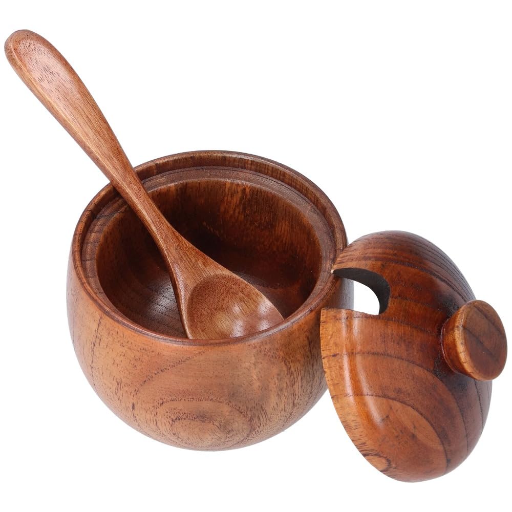 Anu Limen Wooden Sugar Bowl with Lid and Spoon - Spice Jar for Kitchen Pantry, Salt and Peppers Container, Rustic Brown Condiment Dispenser 3.5x3.3 in