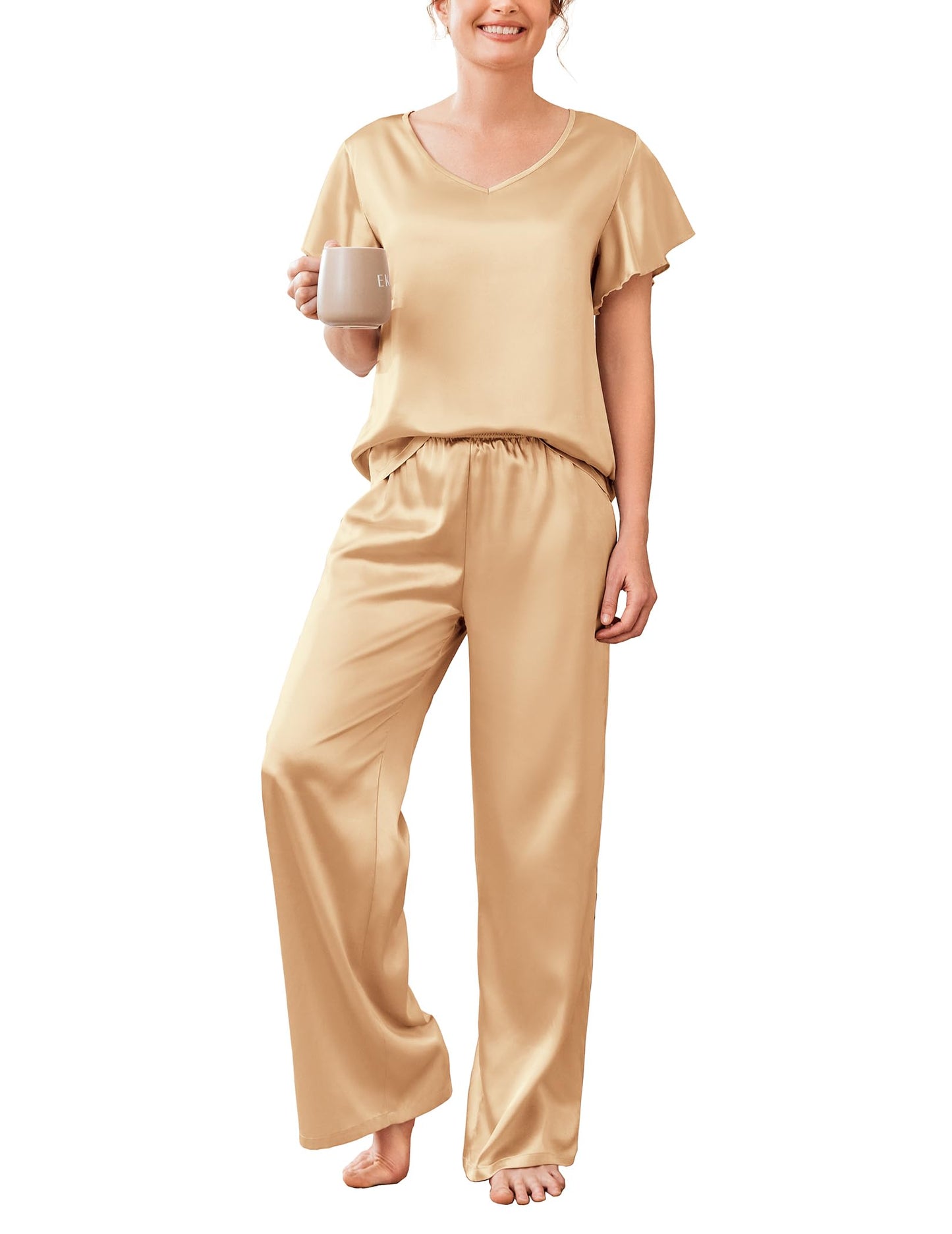 Ekouaer Women's Satin Silky Pajama Set 2 Piece Short Sleeve Shirt with Long Pants Pjs Sets Soft PJ Loungewear S-XXL