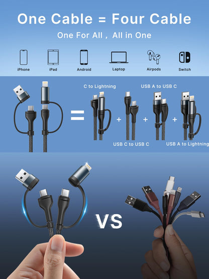 4 in 1 Charging Cable, USB C Lightning Adapter USB C to USB C 60W PD [Fast Charging & Data Sync] 4 in 1 Multi Charger for iPhone 16 15 14 13 12,MacBook Pro 2023 iPad mini 6/Pro,Samsung Galaxy S22 S21