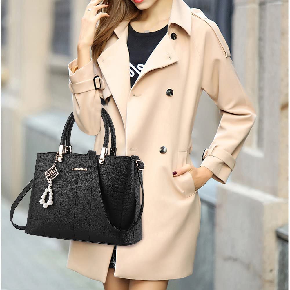 BestoU Women Handbag Shoulder Bag Fashion Ladies PU Leather Tote Messenger Bag with Plush Ball（Upgraded Version）(Black)