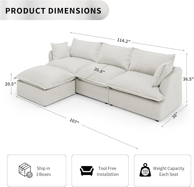 Cloud Sectional Sofa, 114.2" Large L Shape Convertible Modular Couch, Down Fill