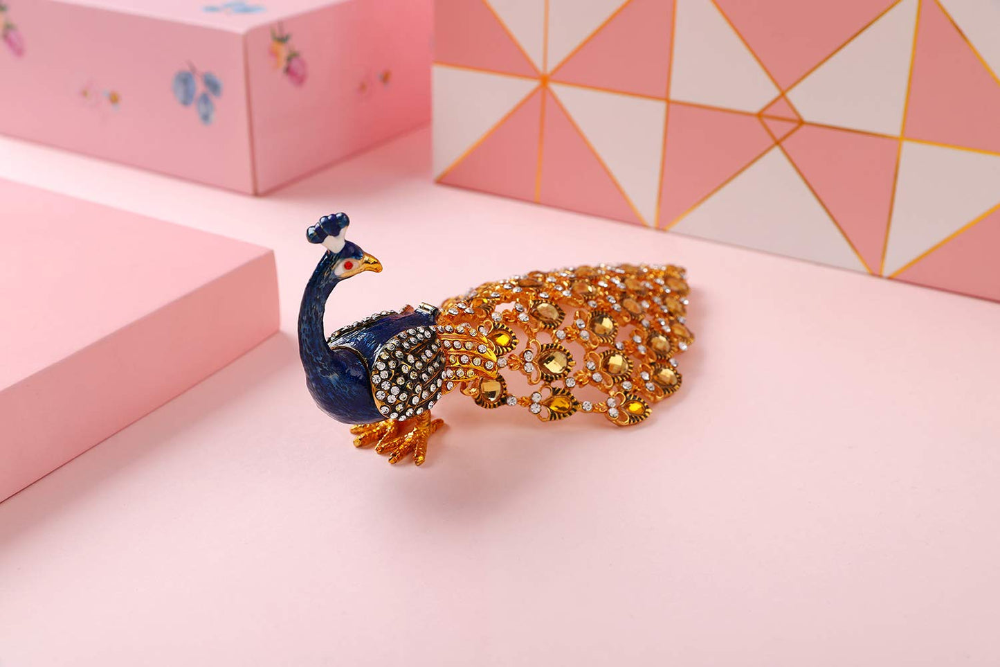 Furuida Trinket Box with Hinged Blue Peacock Crystal Ornament Decorative Hinged Jewelry Box Ring Store Luxurious Gift for Home Decor