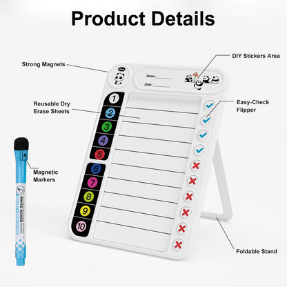 Magnetic Chore Chart for Kids, ADHD Task Tracker Easy-Check Routine Dry Erase Board, to-Do List Planning Tool with Stand for Fridge/Desk/Home/School, 6 Reusable Sheets, 2 Markers-Raw White