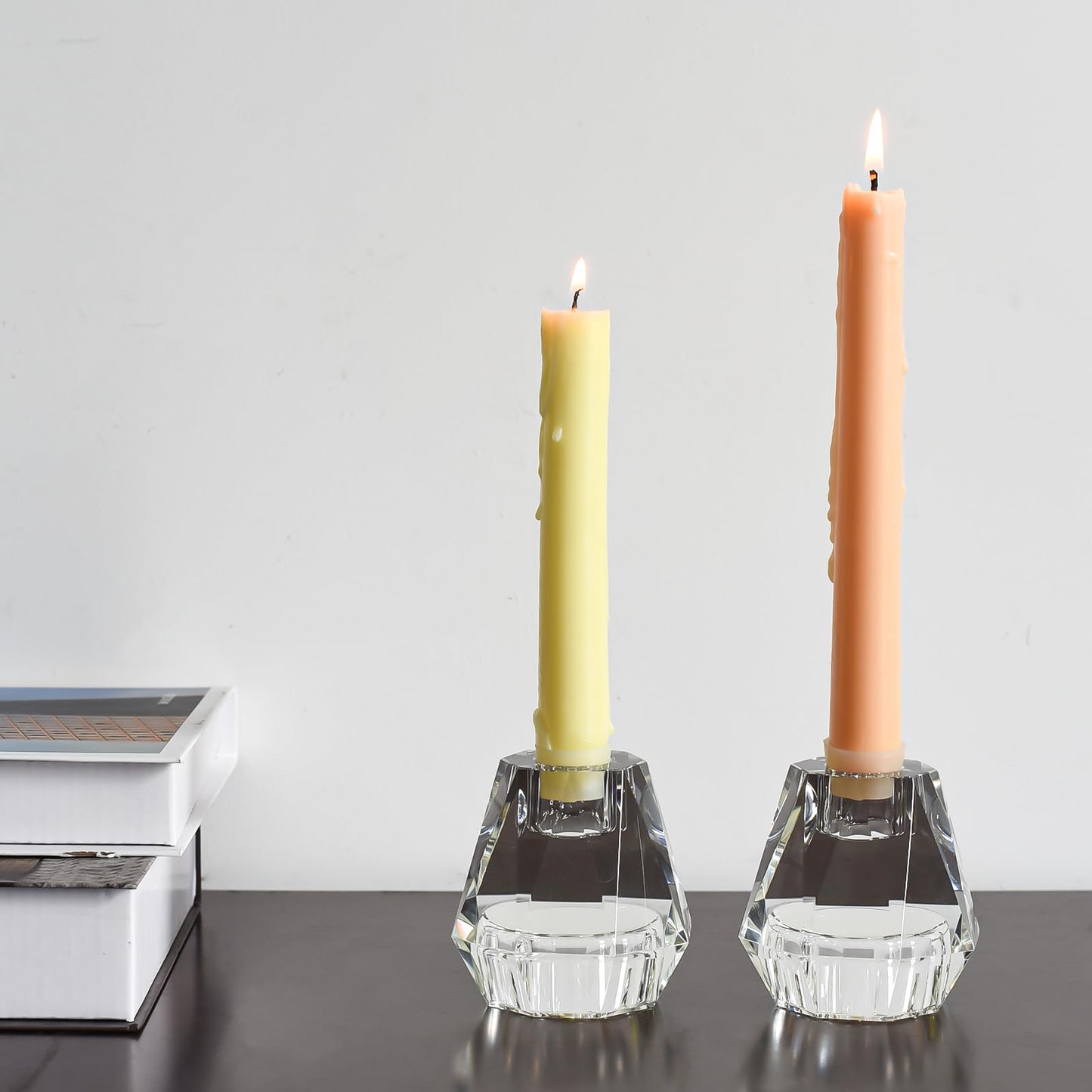 Marvala Crystal Candle Holders Pack of 2, Reversible Clear Tealight or Taper Candlesticks, Table Centerpiece Home Decor for Wedding, Dining, Party, Luxury Gift Set (Transparent)