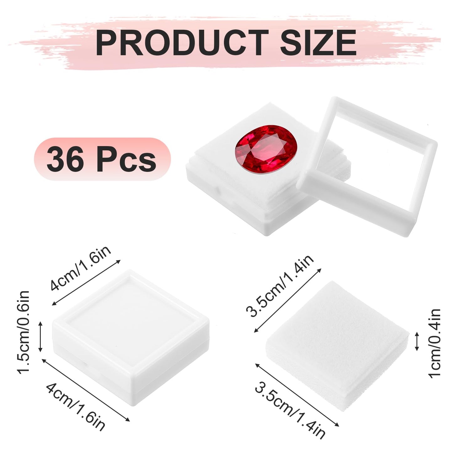 HOFURME 36 Pcs White Gemstone Display Box Jewelry Box Container with Clear Top Lids Bulk 1.6'' x1.6 x 0.6'' for Gems Diamond Coins Gift Packing Ring Home Shop (White)