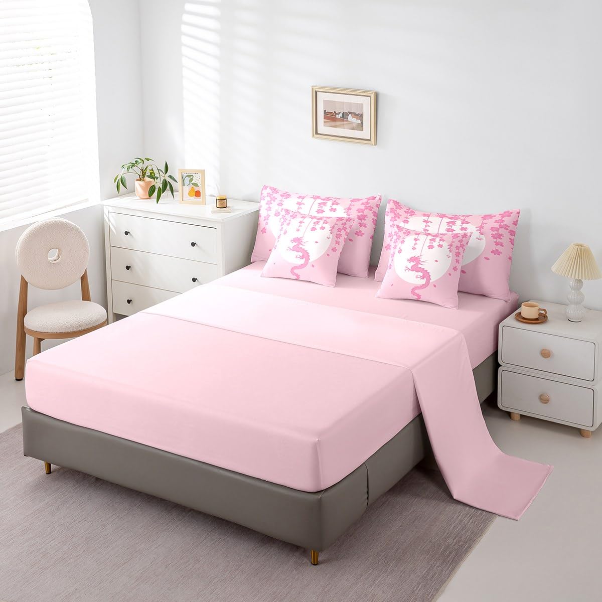 Erosebridal Pink White Kawaii Bedding Set for Kids Girls Teen Women,Fantasy Animal Dragon Twin Comforter Set 7 Piece Magical Wildlife Bed in A Bag Aesthetic Romantic Cherry Blossom Bed Set