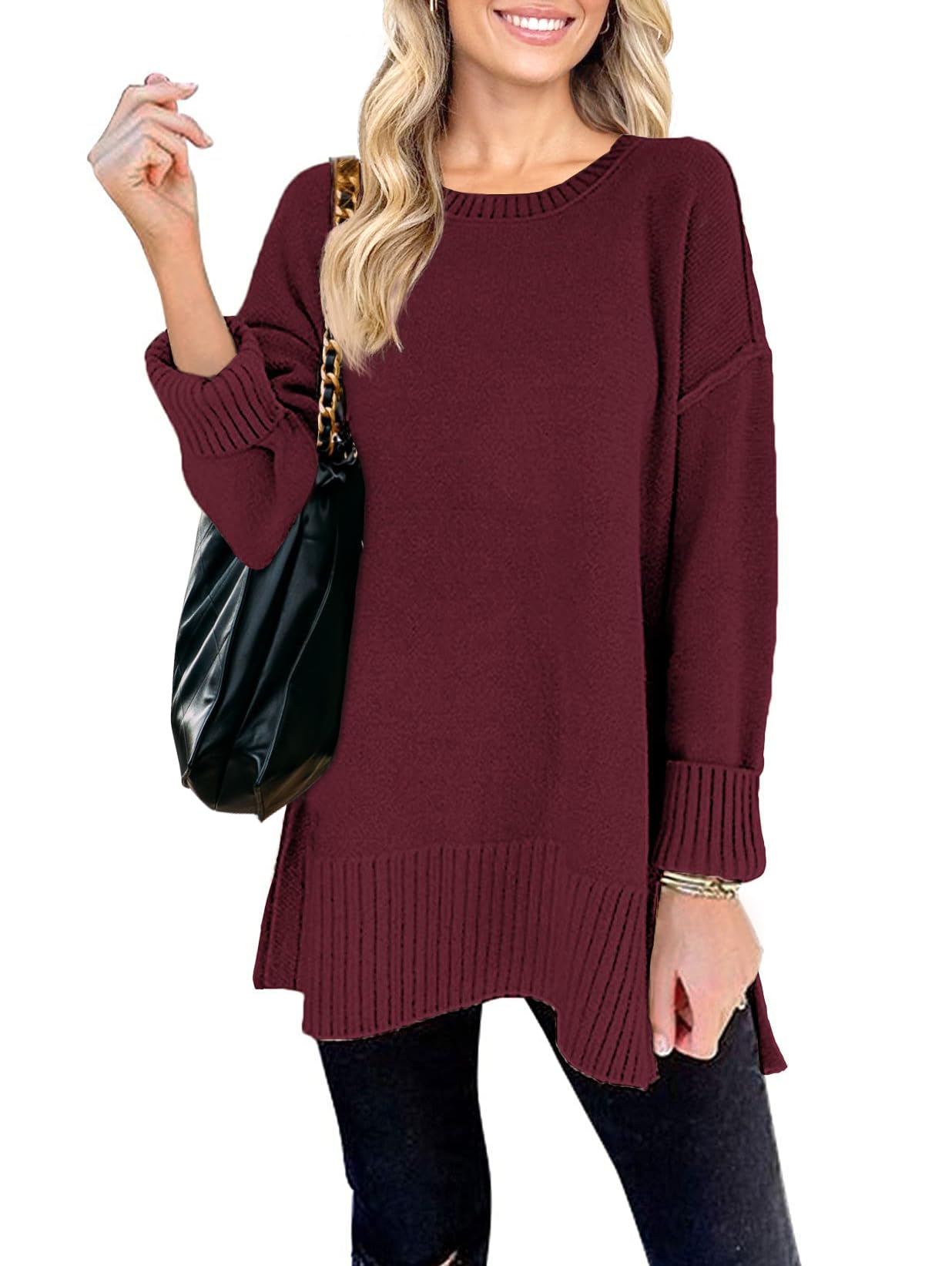 MEROKEETY Women's 2025 Fall Winter Oversized Pullover Sweater Casual Loose Crew Neck Long Sleeve Side Split Jumper Tops