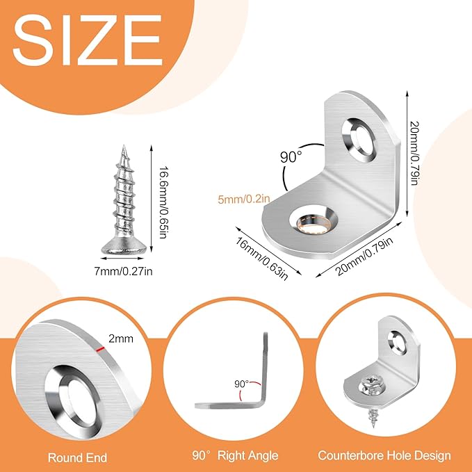 40 Pcs L Bracket Stainless Steel Corner Brace Sets, 90 Degree Right Angle