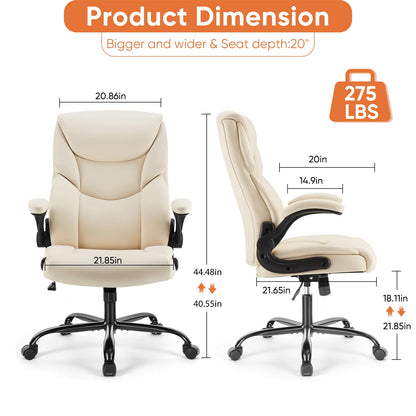 Sweetcrispy Computer Gaming Chair, Ergonomic High Back Heavy Duty Task Desk Office Chairs with Wheels, Flip-up Arms, Adjustable Height, PU Leather, Cream