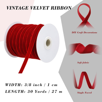 Chuangdi 3/8 Inch, 30 Yard Christmas Burgundy Velvet Ribbon Wide Vintage Velvet Ribbons for Christmas Tree Ornaments Flower Bouquets Wedding Wreath Bow Making DIY Craft Choker