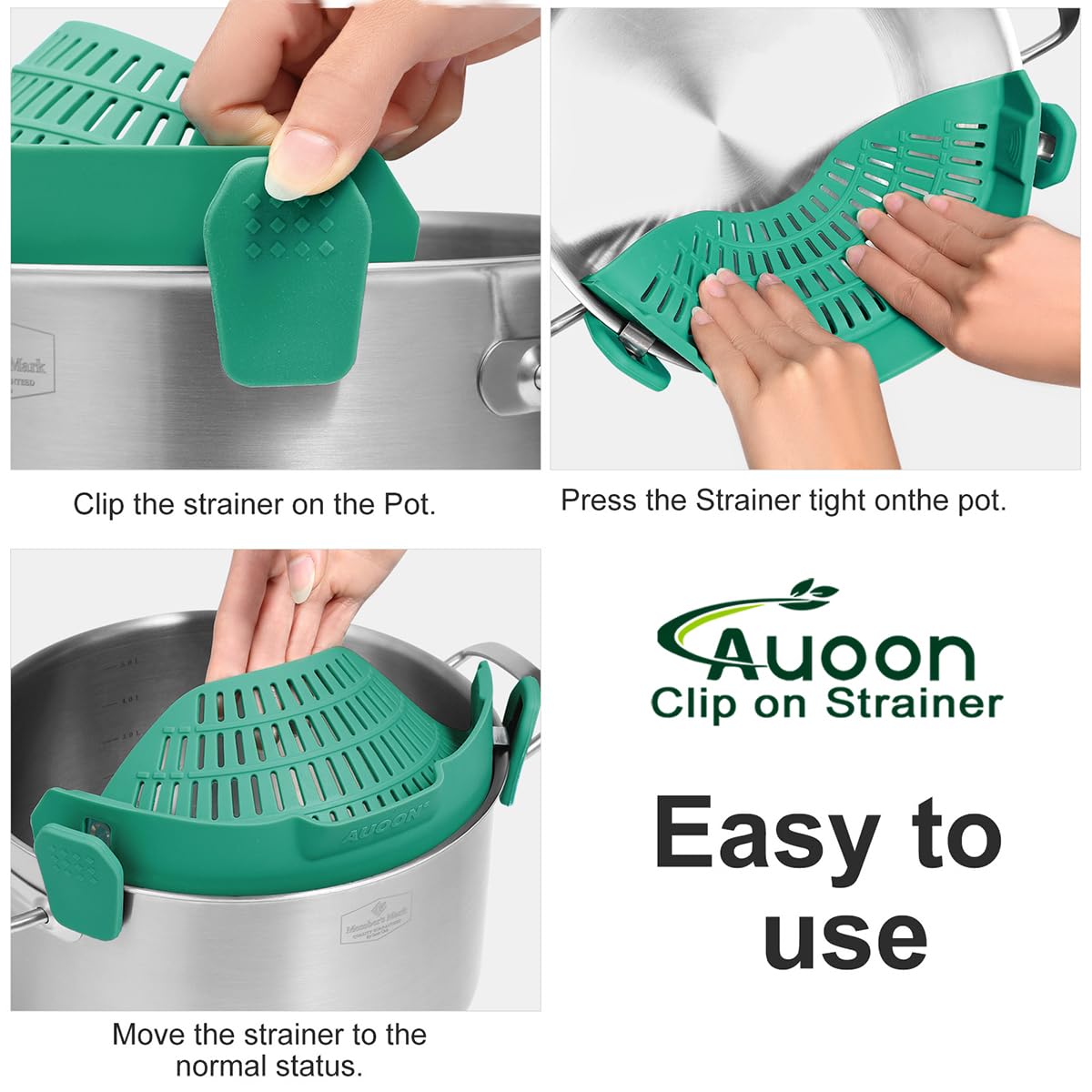 AUOON Clip On Strainer Silicone for All Pots and Pans, Pasta Strainer Clip on Food Strainer for Meat Vegetables Fruit Silicone Kitchen Colander