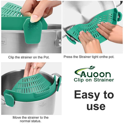 AUOON Clip On Strainer Silicone for All Pots and Pans, Pasta Strainer Clip on Food Strainer for Meat Vegetables Fruit Silicone Kitchen Colander