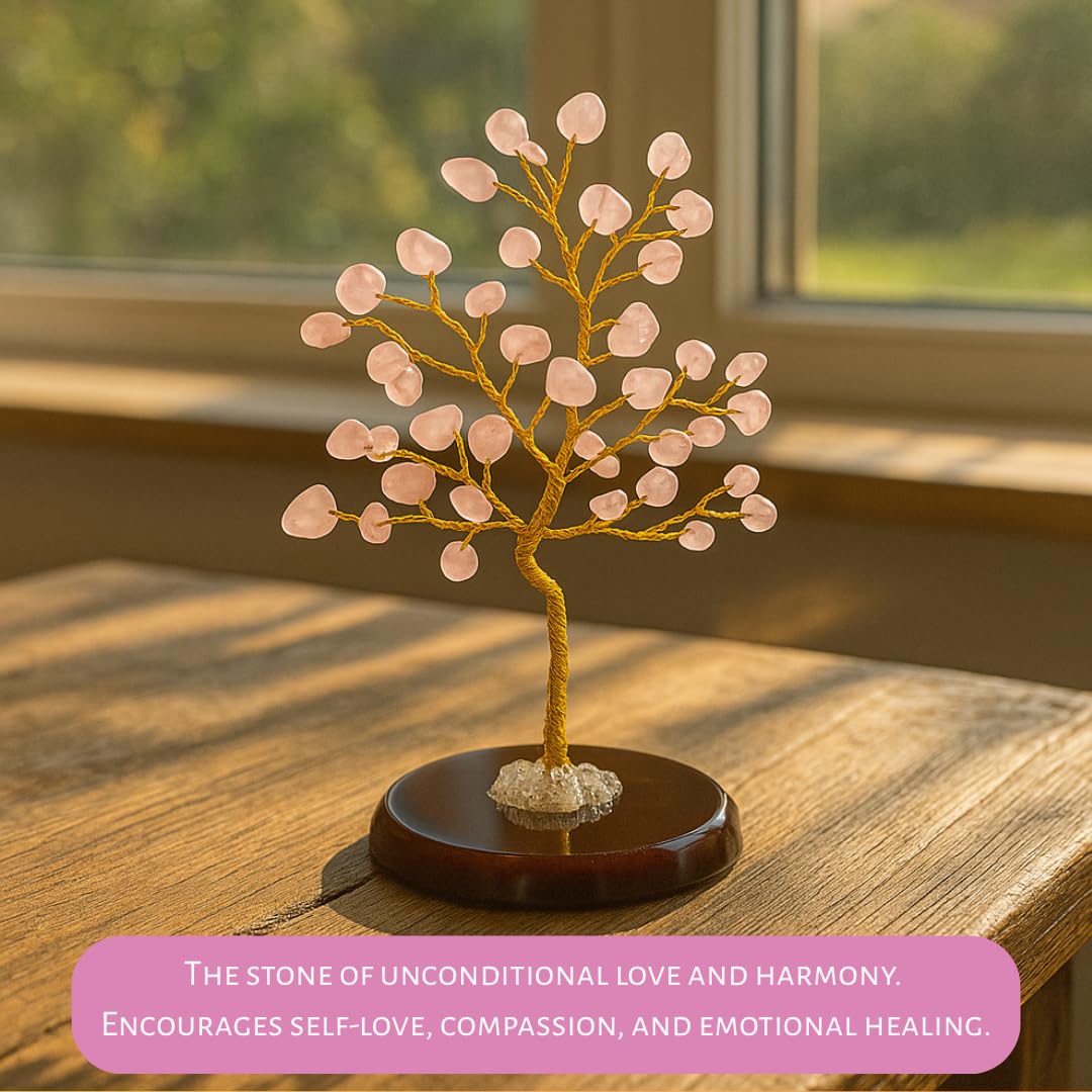 Real Crystal Tree of Life, Pink Rose Quartz Bonsai Money Tree with Agate Base, Spiritual Gemstone Feng Shui Decor with Gold Wire, Housewarming Birthday Gift (Rose Quartz (Pink))