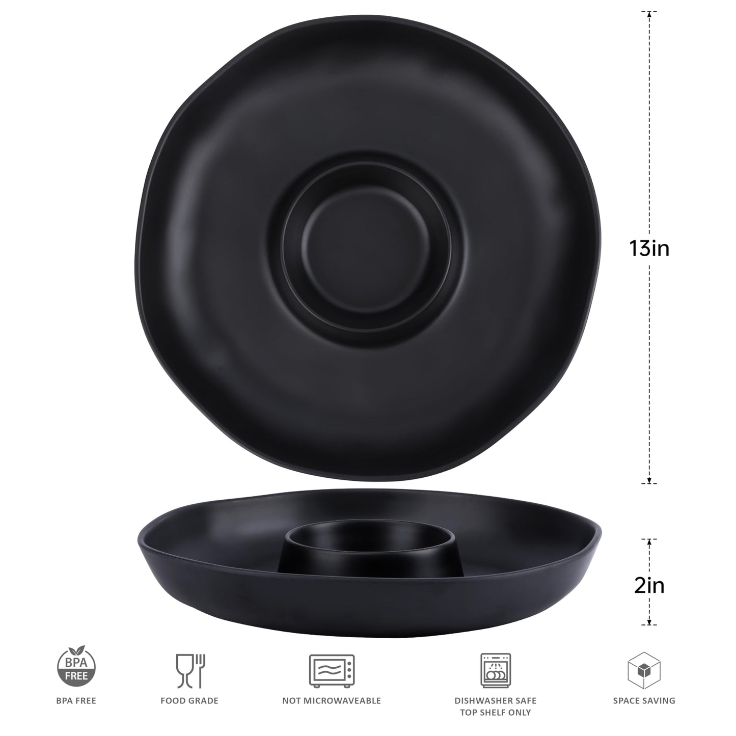 ZAROCRUS Chip & Dip Serving Set, 2 PCS Divided Cheeses Serving Platter, Relish Tray, Round Compartment Appetizer Set for Chips and Dip, Veggies, Candy and Snacks, Black, Set of 2