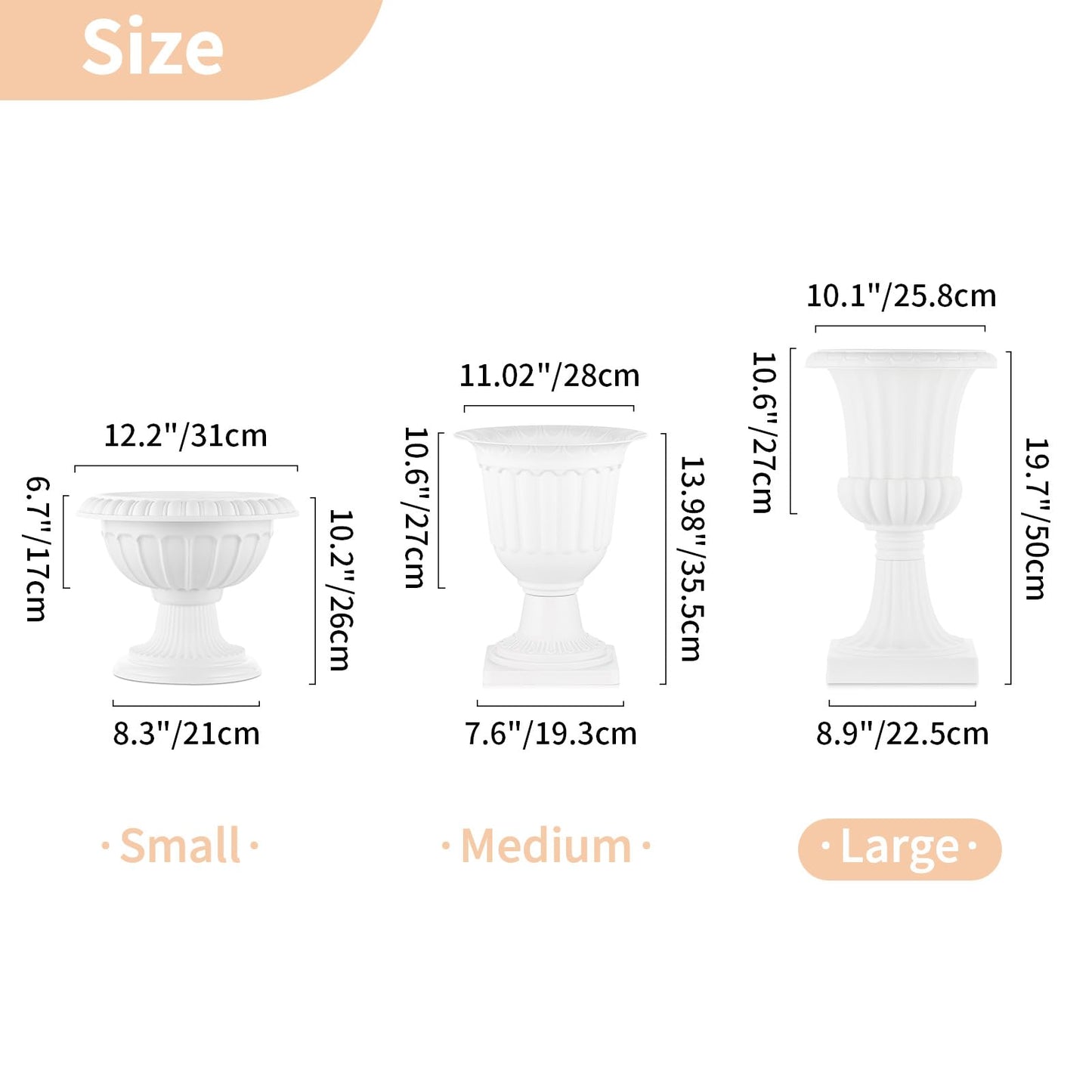 NUPTIO 2 Pcs Classic Urn Planter, 19.7 inch Tall Large Plastic Outdoor Urns Planters, Pedestal Flower vases Plant Pot, Resin Grecian Plants pots for Garden Porch Front Door, White