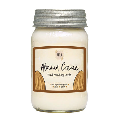 Aira Soy Candles - Organic, Kosher, Vegan, in Mason Jar w/Therapeutic Grade Essential Oil Blends - Hand-Poured 100% Soy Candle Wax - Paraffin Free, Burns 110+ Hours - Almond Creme -16 Ounces