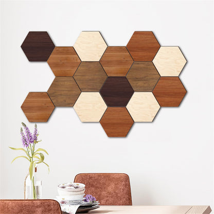 Wooden Multi Color Wall Art Decals, 15 PCS 3D Hexagon Wall Tiles for Office, Living Room, Bedroom, Home