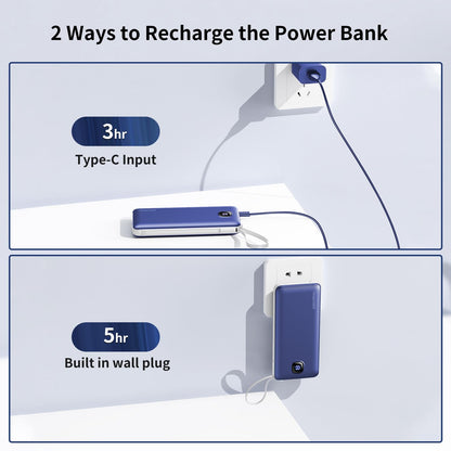 Portable Charger with Built-in Cables&AC Wall Plug,Slim 10000mAh 22.5W Fast Charging Power Bank,5 Output 2 Input USB-C External Battery Pack Compatible with iPhones,Samsung,Android, etc