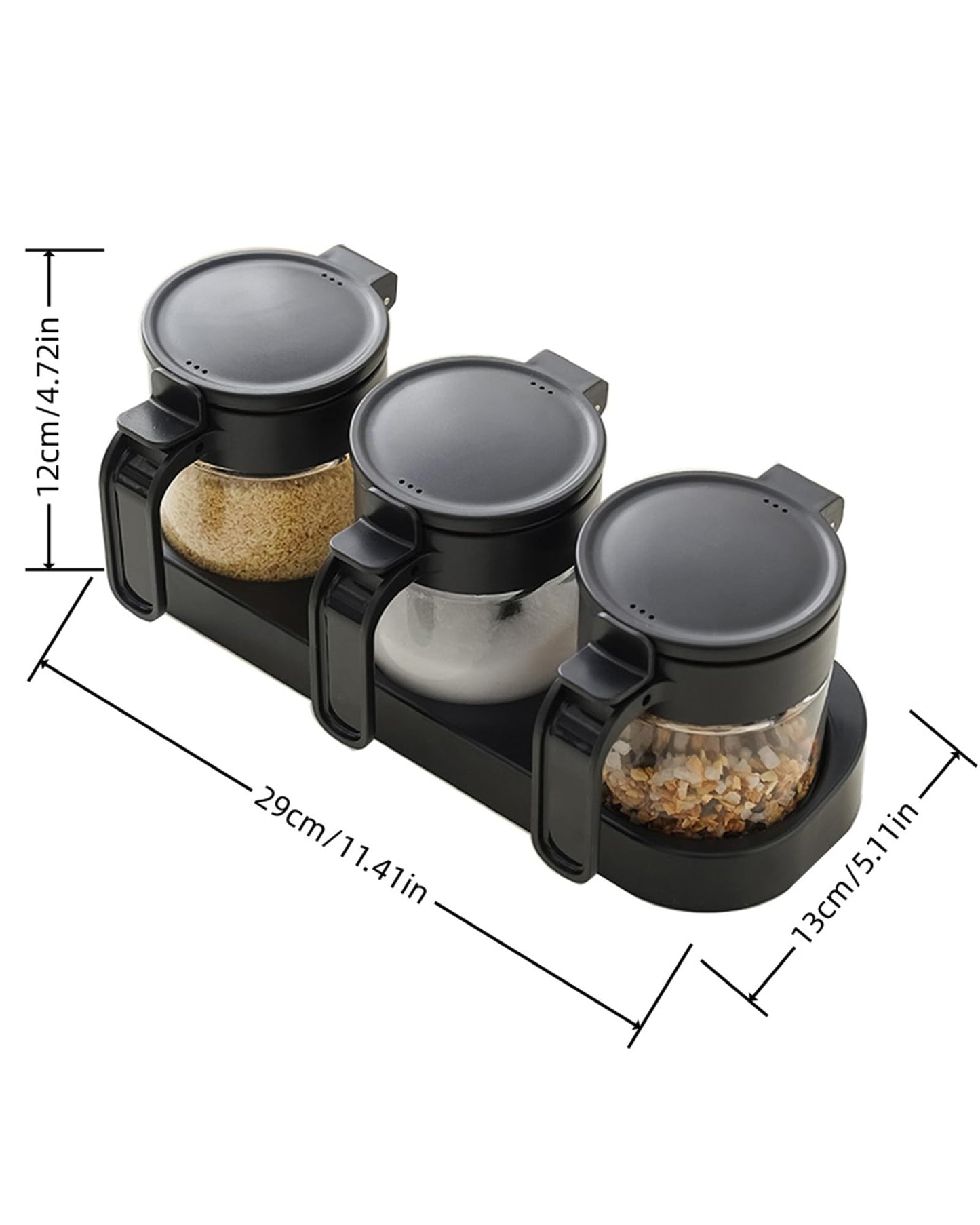 JIMMEAL 3 Pack Airtight Glass Spice Jars with Spoons, Lead-Free Condiment Container Set with Silicone Seal Ring, Honey Dippers, Tray, Labels and Wall Mount Adhesive for Sugar, Salt, Coffee Bar, Black