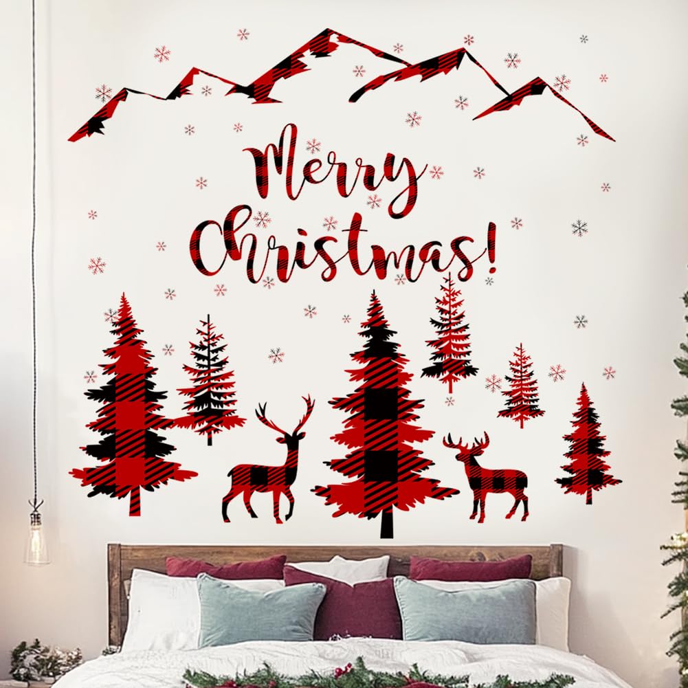 Prabahdak 3 Sheets Black Pine Tree Deer Wall Sticker Removable Snowflake Merry Christmas Wall Decal Winter Mountain Woodland Nursery Wall Stickers for Xmas Party Supplies