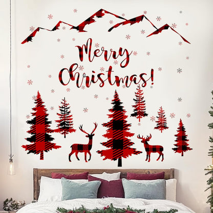 Prabahdak 3 Sheets Black Pine Tree Deer Wall Sticker Removable Snowflake Merry Christmas Wall Decal Winter Mountain Woodland Nursery Wall Stickers for Xmas Party Supplies